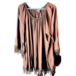 Kazy Kat Brown Lacy 3/4 Length Sleeves Long 2X Blouse